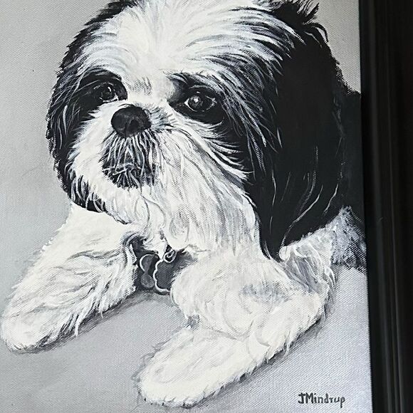 Shih Tzu Dog Puppy Artist Signed Painting Portrait Black Frame 15”x18” Eclectic - Picture 9 of 11